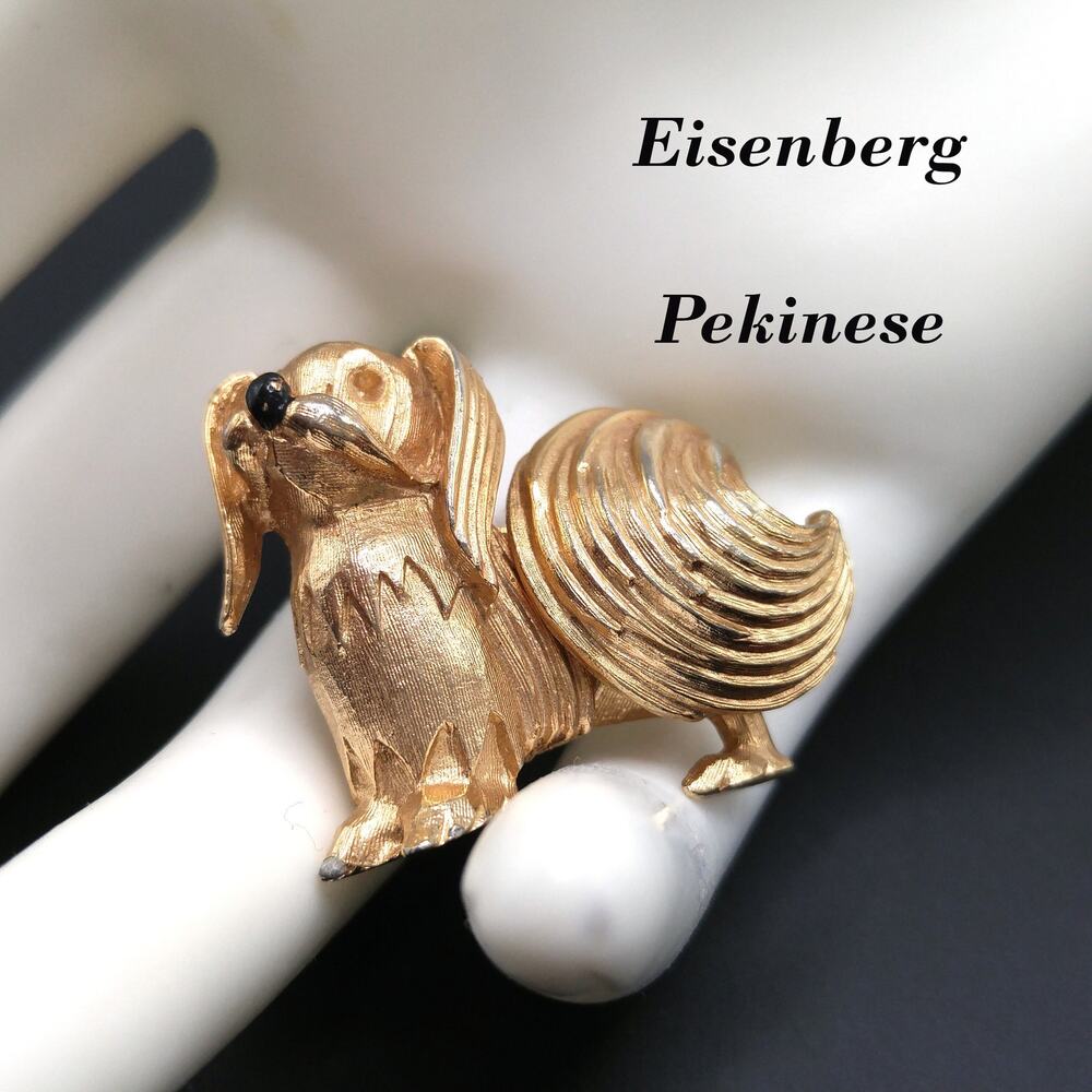 Vintage Eisenberg Pekingese Dog Brooch Gold Tone Figural 1950s